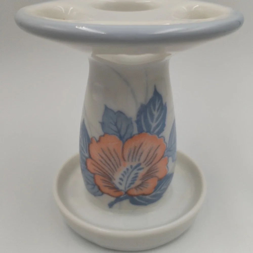 Vintage‎ Ceramic Toothbrush Holder Retro Floral Peach Blue 4 Slot Bathroom